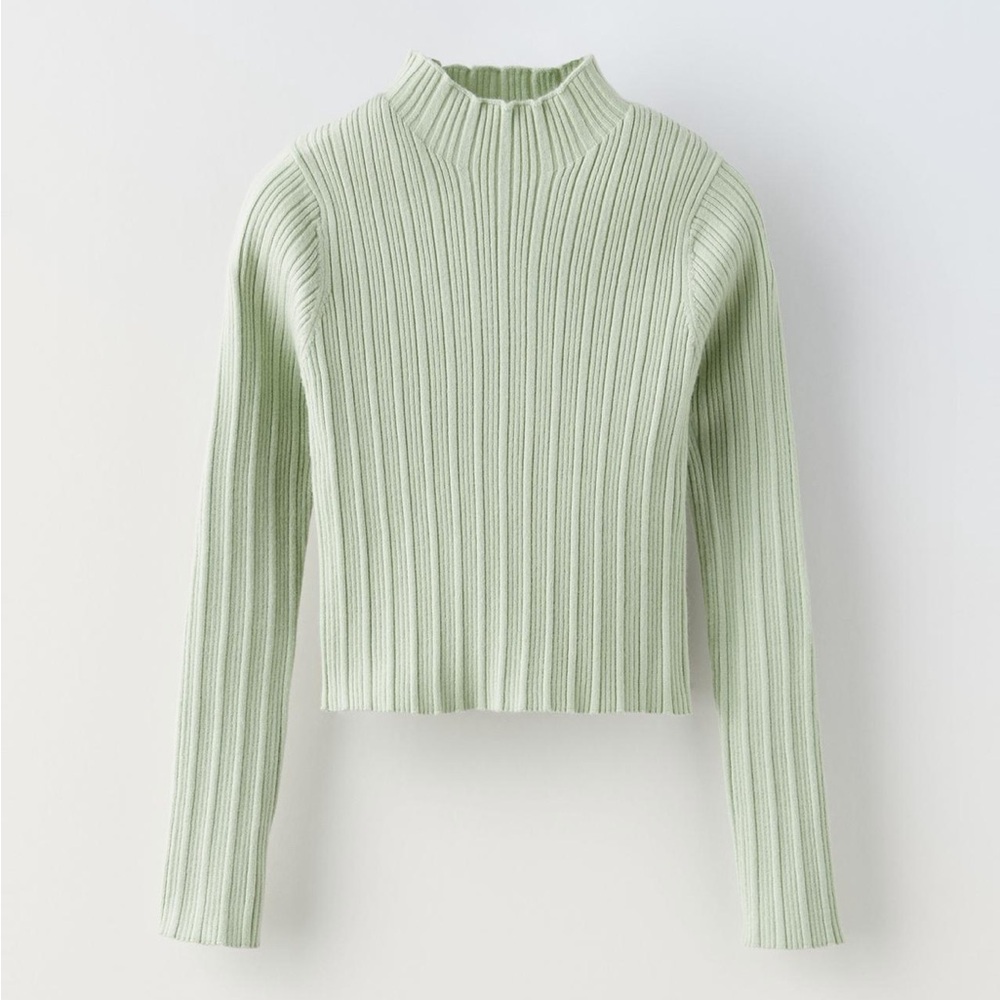 Zara Kids Light Green Ribbed Long Sleeve Tee